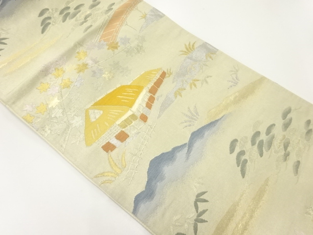 JAPANESE KIMONO / ANTIQUE FUKURO OBI / SILK / WOVEN SCENERY OF HOUSES